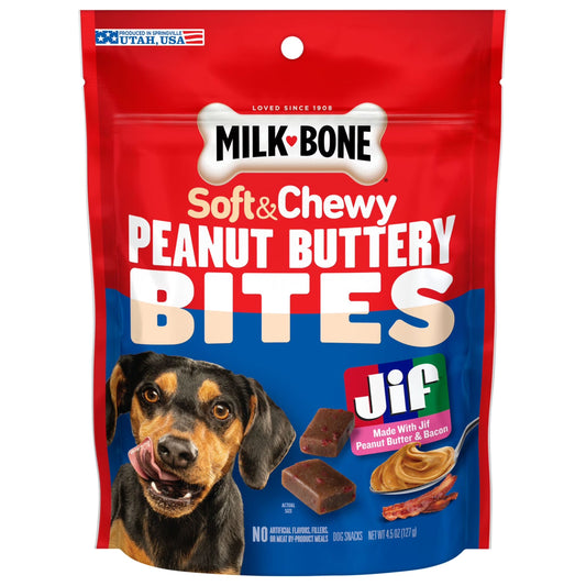 Milk Bone Peanut Buttery Bites, Soft Dog Treats with Jif Peanut Butter & Real Bacon, 4.5 Ounce Bag