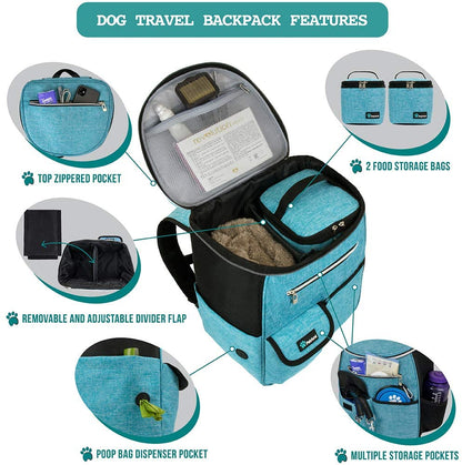 Dog Travel Bag Backpack, 27L Airline Approved Pet Supplies Organizer with 2 Food Containers, 2 Collapsible Bowls & Poop Bag Dispenser, Weekend Road Trip Camping Dog Mom Gift, Teal Blue