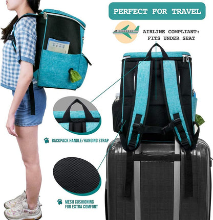 Dog Travel Bag Backpack, 27L Airline Approved Pet Supplies Organizer with 2 Food Containers, 2 Collapsible Bowls & Poop Bag Dispenser, Weekend Road Trip Camping Dog Mom Gift, Teal Blue