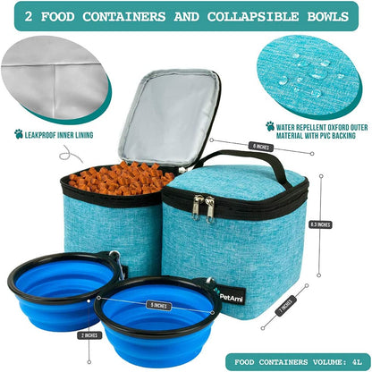 Dog Travel Bag Backpack, 27L Airline Approved Pet Supplies Organizer with 2 Food Containers, 2 Collapsible Bowls & Poop Bag Dispenser, Weekend Road Trip Camping Dog Mom Gift, Teal Blue